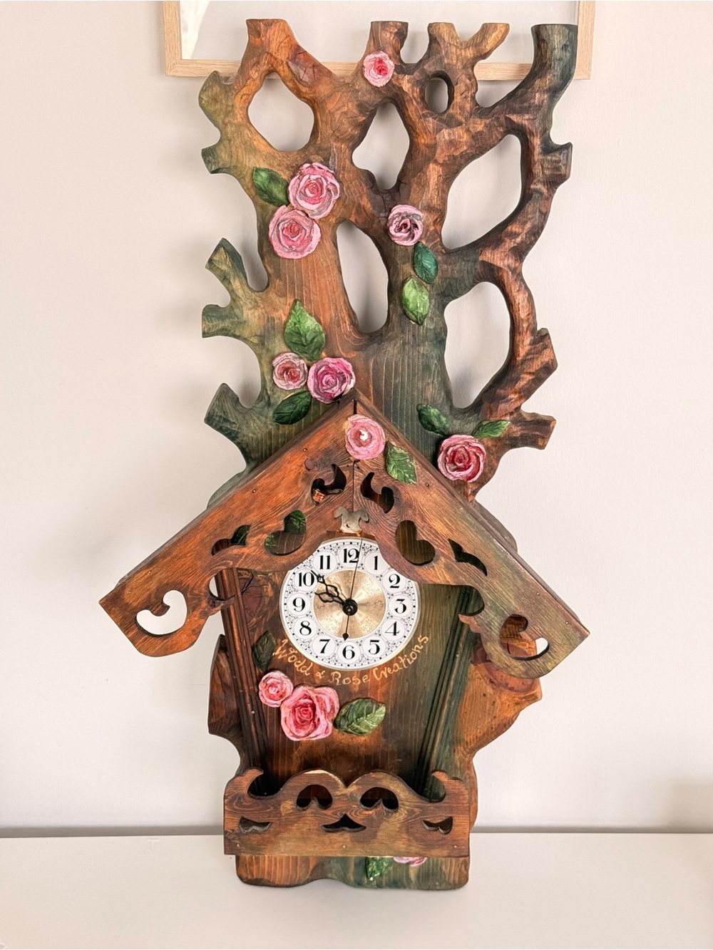 Vintage/Hand-Carved "Wood & Rose Creations" Rustic Wall Clock - 3D Floral Detail